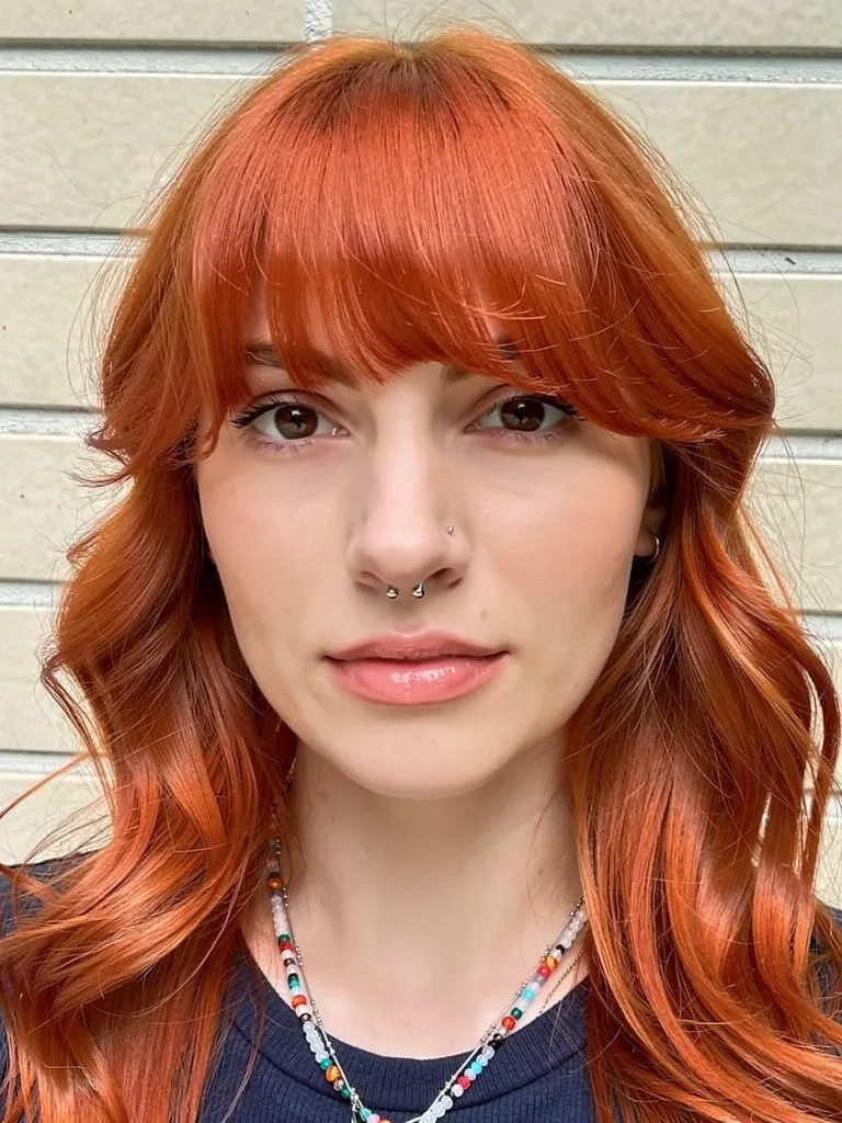 Medium-Length Vibrant Copper Red Long Layers with Bangs